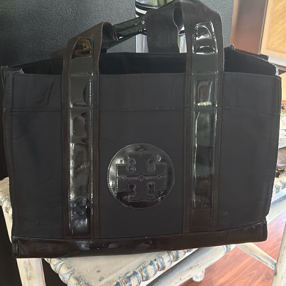 Tory Burch large nylon patent leather tote Miller handbag black